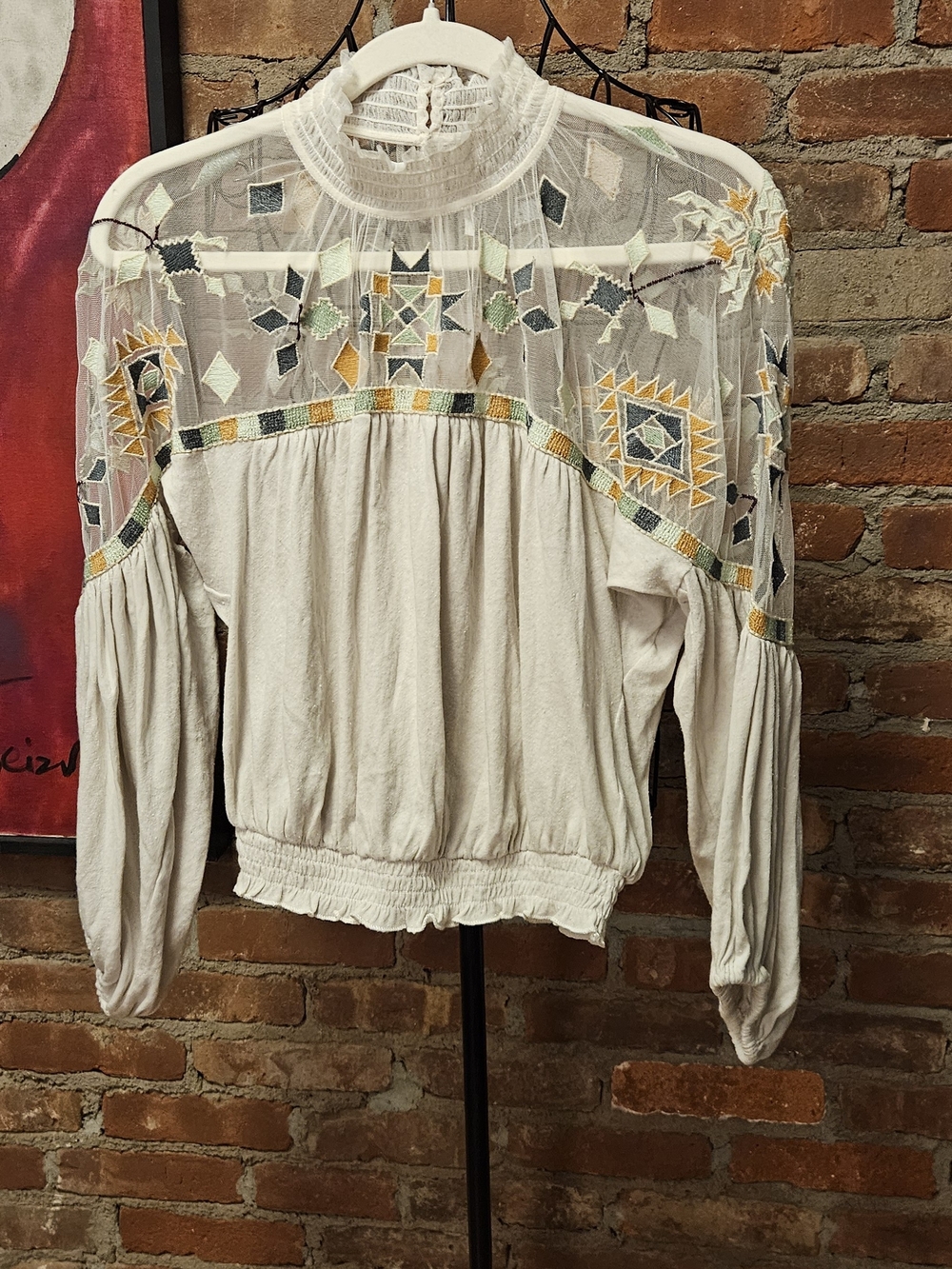 Free People Embroidered Sheer Yoke Blouse in Cream with Geomtric Pane Detail